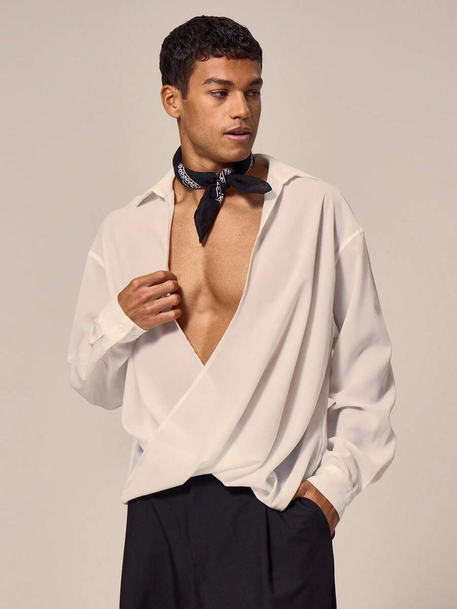 Musero Camisa de manga larga con efecto de gasa drapeada para hombre, parte superior de conjunto, estilo inteligente y callejero para vacaciones, primavera y verano - Blanco - Ver 1