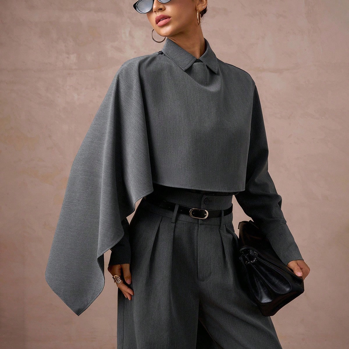 Gray,Autumn,Elegant,Office Women's 2pcs High Waist Midi Blazer Suit With Cape Sleeve,Old Money Monochromatic Pants Set For Holiday Party Banquet Prom