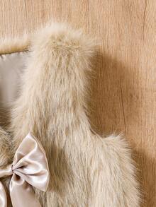 Elladie kids 少女毛绒蝴蝶结装饰外套背心，适合休闲、时尚、优雅的日常穿着 - 卡其色 - 查看 7