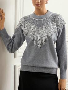 Zanirela Elegant Feather Embellished Beaded Pullover Sweater, Sophisticated Design, Chic & Graceful - Grey - View 3