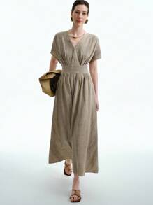 Aalyst Women's Spring/Summer Collared Short Sleeve Waist Cinched A-Line Simple All-Match Solid Color Maxi Dress - Khaki - View 5