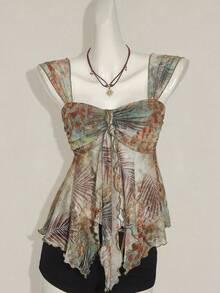 SHEIN ICON 女式西部复古波西米亚风热带植物印花褶饰不对称下摆时尚粗肩带吊带背心