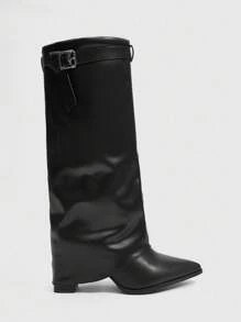 Daringsoles 女式尖头粗跟绒面西部流苏靴，修身高筒靴 - 黑色 - 查看 5