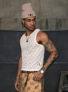 AXEPEAK 性感提花网眼男士短款修身背心 - 白色 - 查看 5