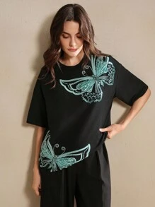 Anewsta 欧美风品牌蝴蝶刺绣短袖女T恤 - 黑色 - 查看 5