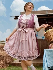 SHEIN Frenchy Elegantes Vintage-Spitzen-Patchwork-Dirndl ohne Ärmel in Große Größen, Deutsch, Oktoberfest, Traditionelles Kleid, Dirndl - Verschiedenfarbig - Übersicht 3