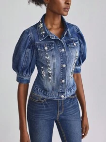 SHEIN Frenchy 女式休闲水洗水钻装饰泡泡袖牛仔夹克 - 藍色 - 查看 1