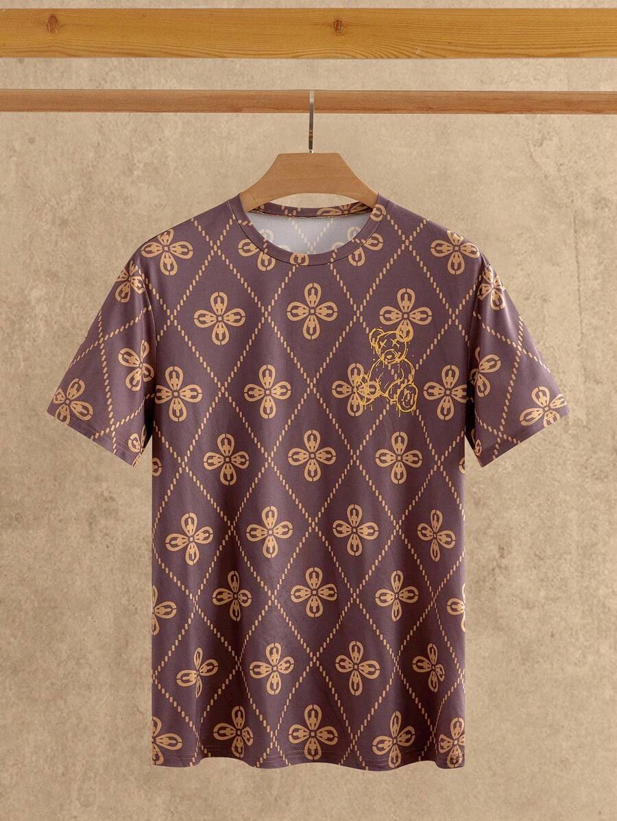Manfinity NXTstreet Men's Casual Bear Pattern Drop Shoulder Round Neck Slim Fit Short Sleeve T-Shirt - Brown - View 1