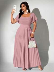 Viva Relle 大码女式优雅浪漫褶皱雪纺荷叶边袖短袖派对礼服，适合婚礼 - 藕粉色 - 查看 1