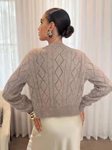 Lavishia 女士纯色长袖单排扣镂空休闲开衫 - 卡其色 - 查看 2