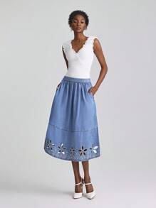 Selenza Chân váy denim chữ A thêu hoa rỗng thoải mái cho nữ - Rửa trung bình - Xem 6