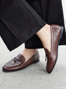 CUCCOO BIZCHIC Women's Fashion Flat Loafers With Gold Lock Decor, Suitable For Daily Wear For Christmas Spring Shoes - Brown - View 3