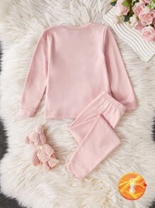 1 Set Young Girl Base Layer, Vibrant Pink Heart Print Soft Stretchy Fabric Long Sleeve Top And Pants Matching, Comfortable Fit And Easy Care (1 Set Sold Separately)