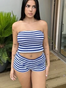 Lucia Bellido 2 件套女士夏季休闲度假条纹露背抹胸短款上衣和低腰短裤 - 藍白色 - 查看 4