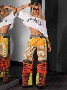 Jeanoix 街头风格涂鸦印花低腰阔腿牛仔裤 - 彩色 - 查看 7