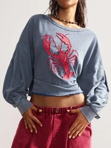 Bohemela Áo sweatshirt nữ dài tay cổ tròn, màu trơn, dáng rộng, chất liệu vải dệt kim, thích hợp mặc mùa thu/đông. - Màu xanh lam - Xem 7