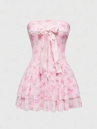 Kawaii Vestido mini con volantes de encaje, decoración de lazo de cinta y estampado de moños lindo para mujer