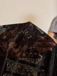 Glamine Charm Bộ đồ liền thân ren vá màu trơn cổ tim gợi cảm trong suốt có tay dài dành cho nữ - màu đen - Xem 11