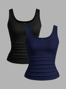 Slaydiva Set de 3 camisetas de tirantes acanaladas de cuello en U profundo, básicas y casuales, en color negro y blanco, para mujer