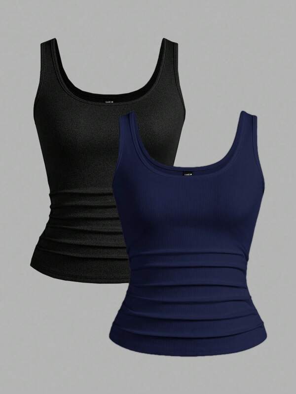 Slaydiva Set de 3 camisetas de tirantes acanaladas de cuello en U profundo, básicas y casuales, en color negro y blanco, para mujer