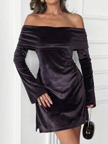 EURMUSE Women, Autum, Velvet, Short Dress, Regular Fit, Split, Medium Stretch - Black - View 6