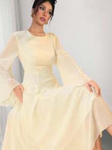 Modelyn Vestido elegante de chiffon com manga flare assimétrica e babados na bainha - Amarelo - Ver 8