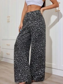 SHEIN ICON Women's Casual Leopard Print Wide Leg Jeans