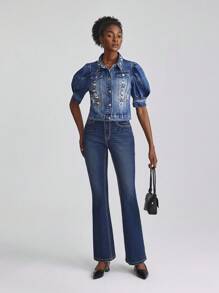 SHEIN Frenchy 女式休闲水洗水钻装饰泡泡袖牛仔夹克 - 藍色 - 查看 7