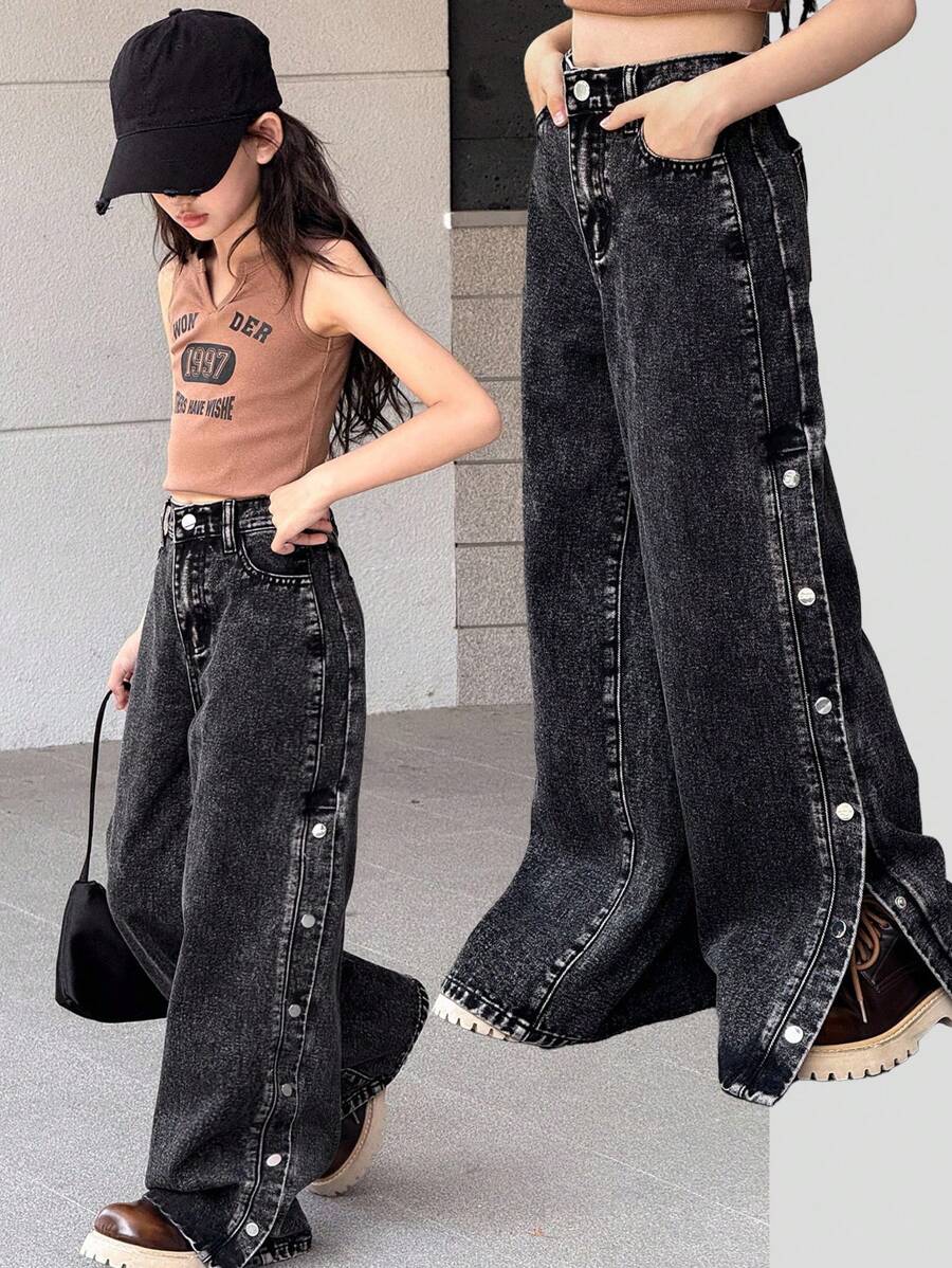 SHEIN 少女风 Y2K 街头复古纯色水洗高腰金属扣开衩侧斜插口袋阔腿牛仔裤,日常舒适百搭,适合秋季日常穿着,也适合返校、锐舞派对、街头风、生日、旅行、机场、早午餐、教堂、毕业典礼等场合。 - 黑色 - 查看 1