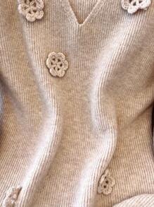 SHEIN Franclia Women's V-Neck French Handmade 3D Floral Long Sleeve Sweater Knit Pullover Fall Winter - Apricot - View 4