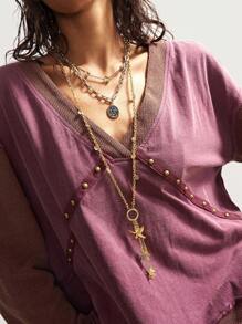 Bohemela 秋冬波西米亚风休闲拼接V领长袖宽松女士卫衣 - 紫色 - 查看 3