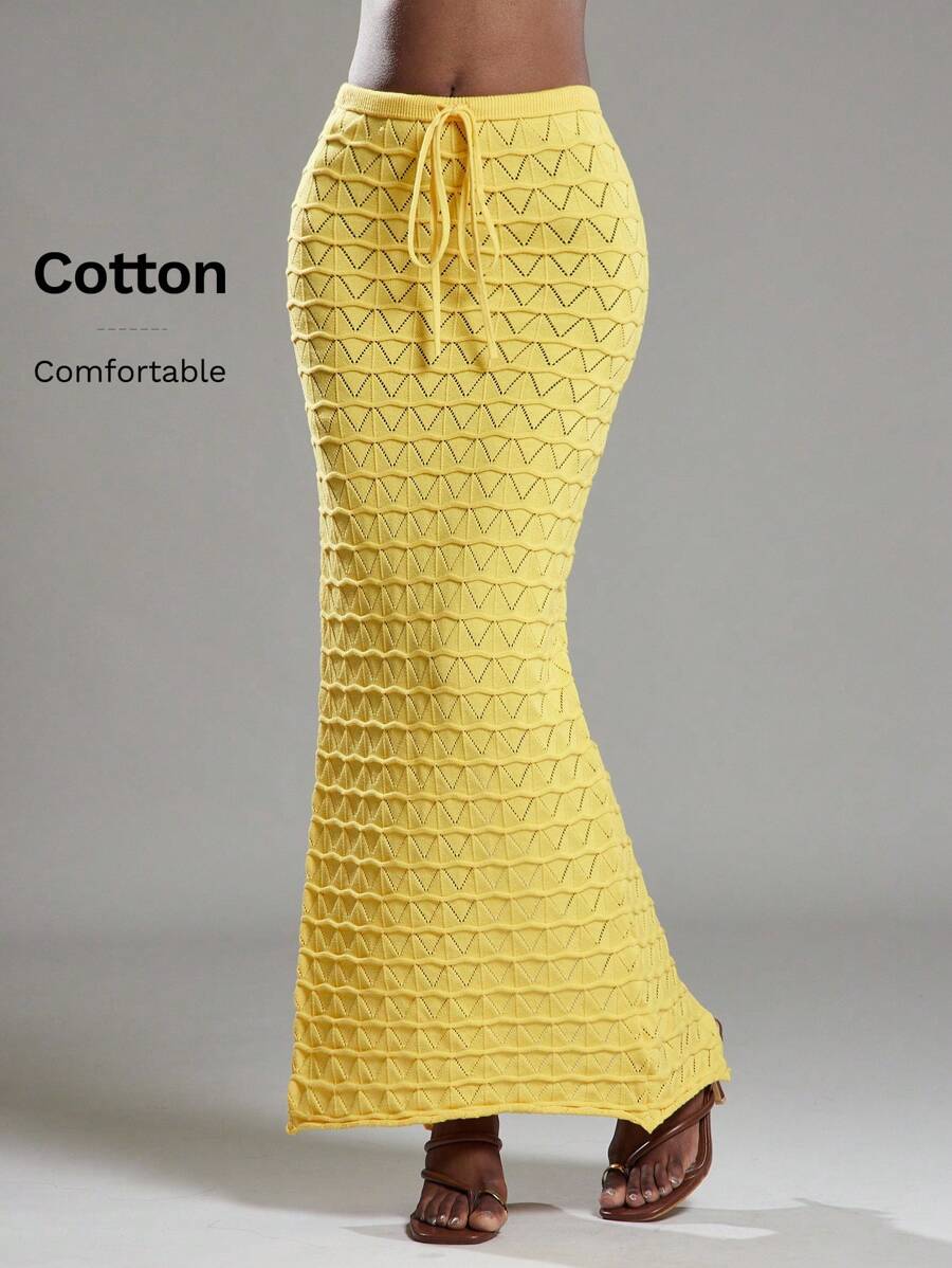 NYA SZN 抽绳束带度假春夏外出性感弹力针织超长黄色毛衣裙 - 黃色 - 查看 1
