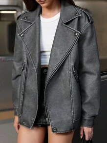 Chiquease 全新时尚休闲别致简约百搭拉链翻领皮夹克，高品质女士外套 - 黑與白 - 查看 5