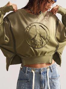 Bohemela 秋冬波西米亚风休闲纯色针织圆领长袖宽松水洗女式运动衫 - 綠色 - 查看 2