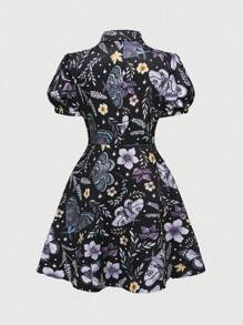 ROMWE Fairycore 复古田园风格植物与飞蛾印花束腰女式衬衫裙，夏季 - 黑色 - 查看 2