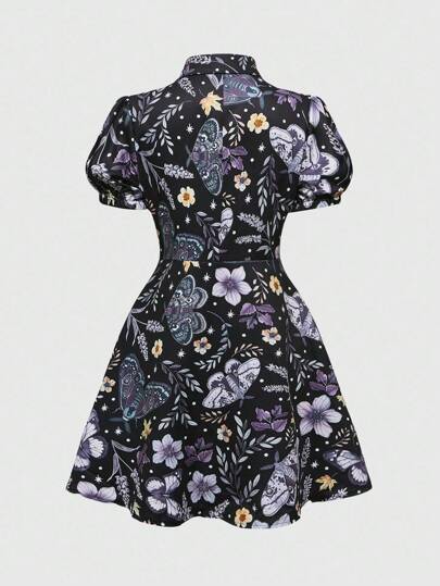 Fairycore Vintage Cottagecore Style Plant & Moth Print Waist Cinched Shirt Dress For Women, Summer