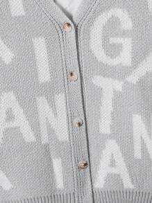 Tween Boy 1 Piece American Street Style Light Gray Letter-Print Cardigan , Classic V-Neck Button Front, Loose Fit Long Sleeve Knit Sweater, Medium Weight Soft Cardigan For School Daily Wear, Father-Son Matching, Birthday & New Year Gift Idea - Light Grey - View 5