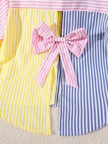 2 piezas Camisa de manga larga con cuello asimétrico, espalda con lazo y pantalones a rayas de estilo universitario informal, adecuado para todas las estaciones, para niña joven con diseño de parches y colores contrastantes