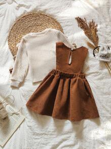 SHEIN Vintaside Kids 女婴可爱刺绣松鼠图案长袖上衣和连衣裙，背带裙秋季服装，可爱甜美，适合秋冬各种场合 - 棕色 - 查看 5