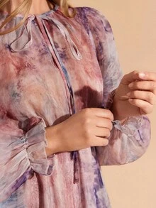 Amorya 女士优雅圆领长袖花卉印花雪纺腰修身中长连衣裙，适合日常穿着、下午茶和多种场合 - 彩色 - 查看 7