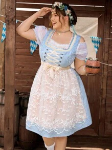 SHEIN Frenchy Váy truyền thống lãng mạn màu xanh cỡ lớn dành cho nữ, phù hợp cho lễ hội Oktoberfest, chợ nhà thờ, lễ hội dân gian, trang phục Dirndl - Màu xanh lam - Xem 2