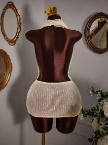 Amplova 大码女式纯色低胸垂坠领露背性感时尚连衣裙 - 杏色 - 查看 3