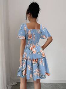 Elenzga 女士夏季优雅花卉印花褶皱连衣裙 - 藍色 - 查看 2