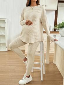 SHEIN 秋装、秋季服装、孕妇装 秋季服装 孕妇装 2 件套 孕妇休闲纯色罗纹上衣和可调节腰部裤子套装 罗纹两件套 女式两件套 舒适两件套 女式两件套 休闲两件套 女式两件套 休闲两件套 女式两件套 - 杏色 - 查看 5