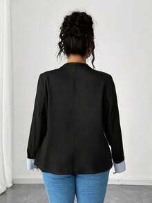 Elenzga Plus Size Retro Stand Collar Double-Breasted Long Sleeve Contrast Striped Cuff Women Jacket Fall Winter Cloth For Women Autumn - Black - View 2