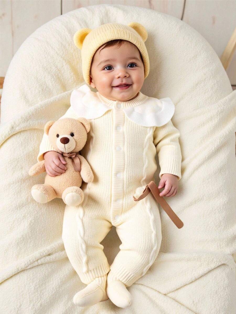 Souflis Souflis Baby Girl Checkerboard Pattern Ruffle Trim Cable Knit Romper