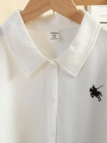青少年女孩前扣刺绣休闲长袖衬衫 - 白色 - 查看 3