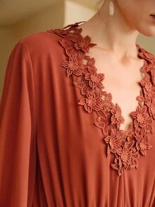 Arave 女式优雅腰部收紧褶皱蕾丝和网眼灯笼袖长裙，波西米亚和嬉皮风格 - 紅色 - 查看 2