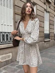 Pariaura Casual Commuter All-Over Print Ruched Waist Mini Dress Fall Cloth For Women