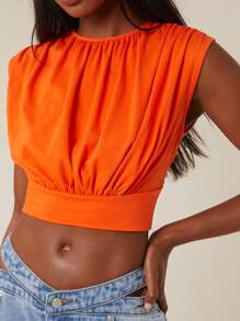 NYA SZN Top Short Sleeve Ruche Detail Casual Everyday Brunch Special Occasion Wedding Event Guest Bridal Party Modest Church Office Teacher Back To School Vacation Summer Spring Cotton Top Statement Festival Outfits For Women - Burnt Orange - View 4